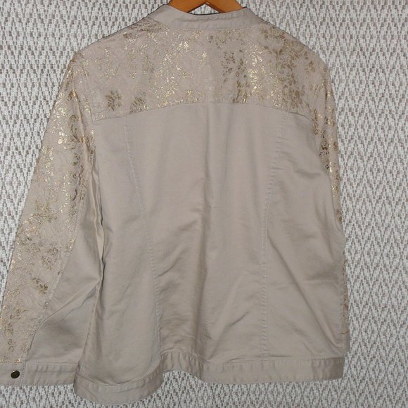 Chico's size 3 Fancy Jacket Khaki Beige with Gold Lace Sparkle XL, 14 - Picture 5 of 9
